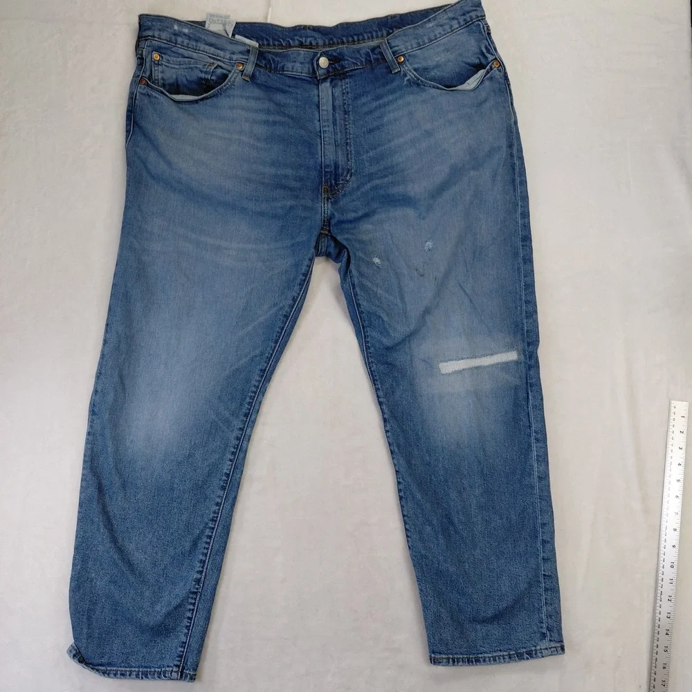 Levis 502 Regular Taper Jeans Mens 46x32 Blue Denim Distressed 59684-0081